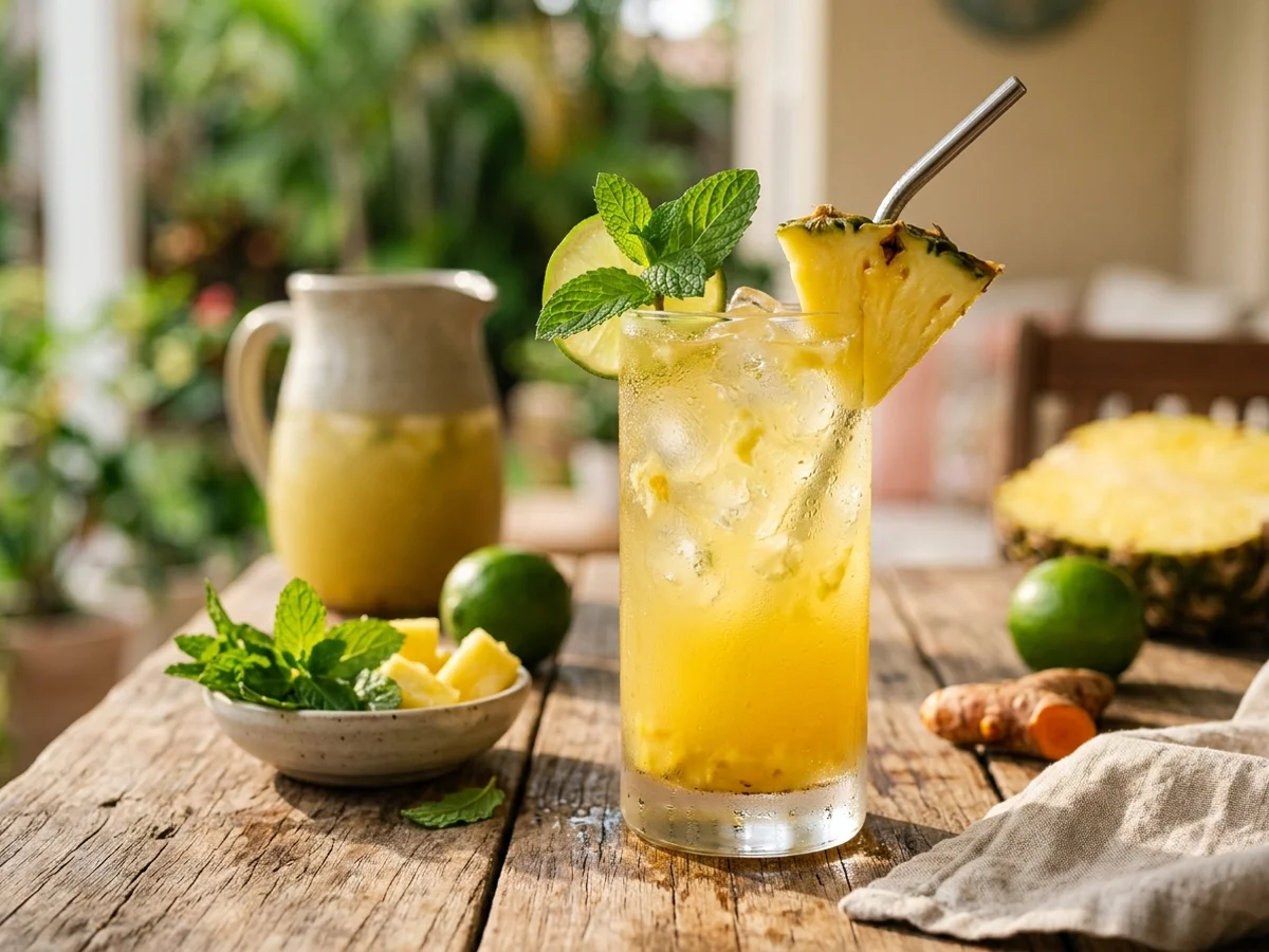 Limonada de abacaxi, hortelã e cúrcuma